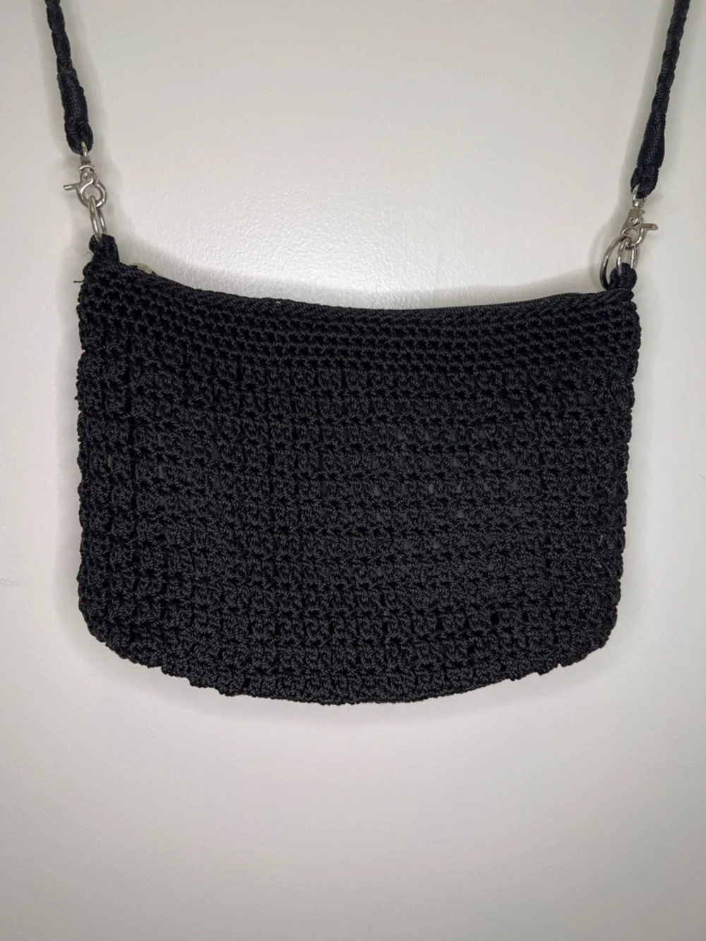 The Sak Black Crochet Shoulder Bag Boho Knit Purse Zip Pocket